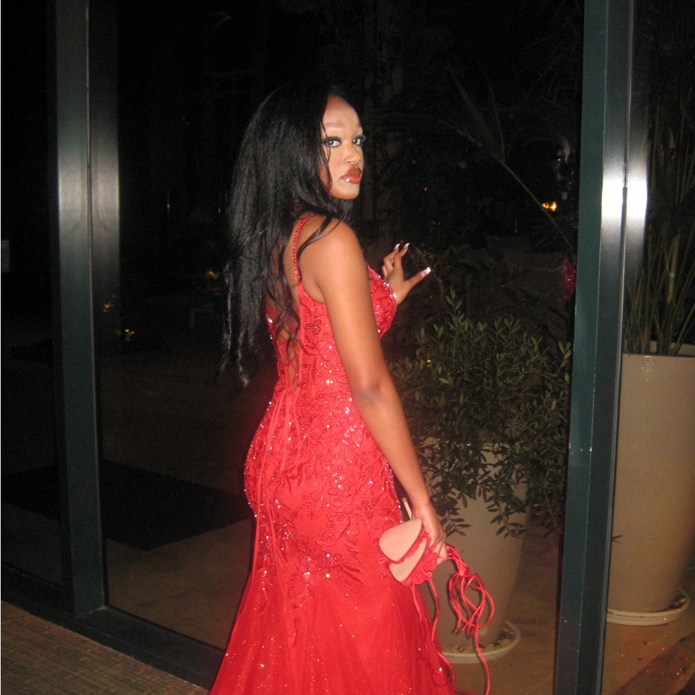 Camille La Vie Orange Pink Spaghetti Strap Backless Gown